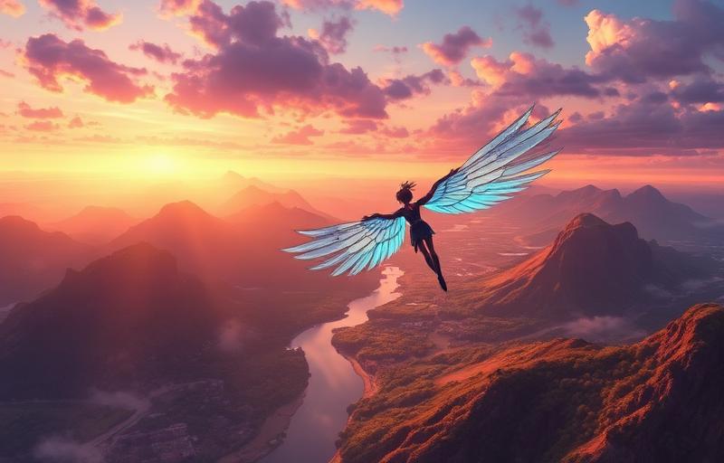 Personagem planando sobre vale com vista panorâmica do mundo