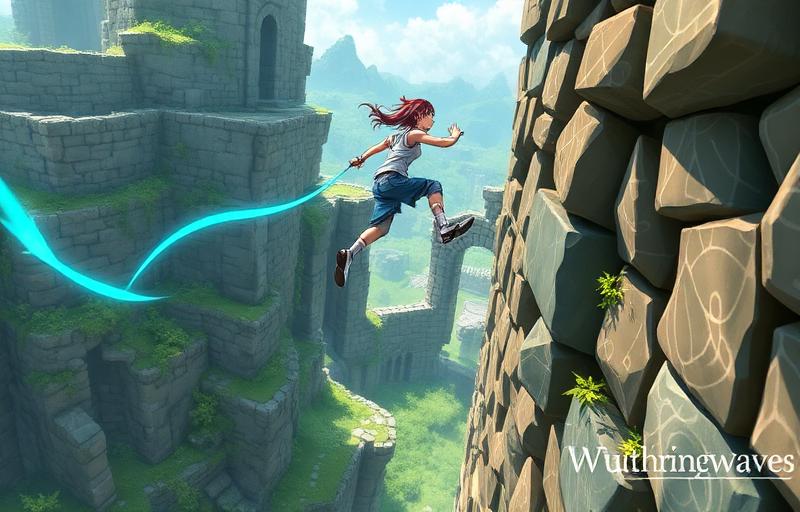 Personagem praticando parkour em paredes e estruturas antigas