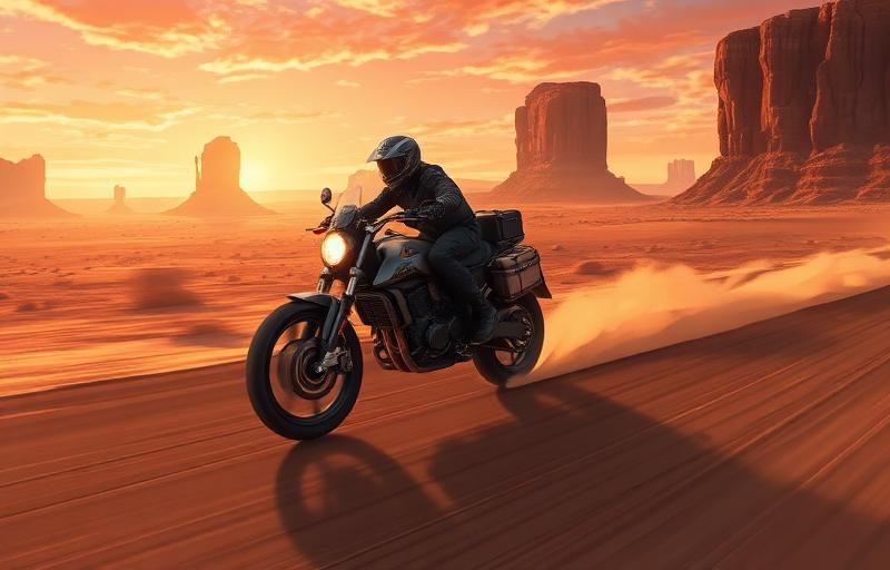 Moto expedicionária cruzando paisagem desértica em alta velocidade