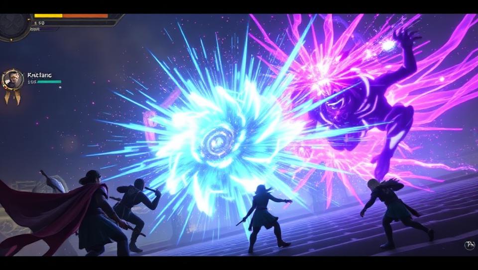 Cena de ação intensa com múltiplos personagens em combate