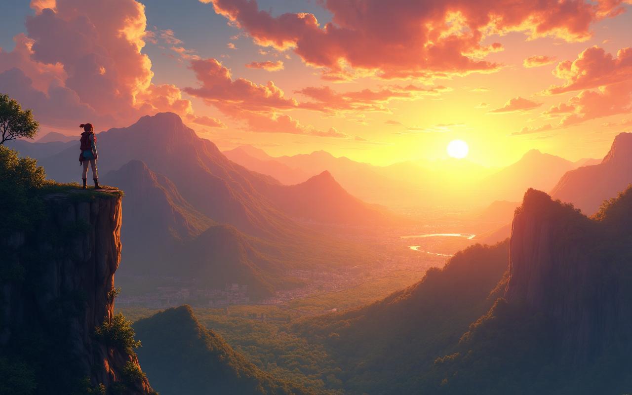 Personagem explorando paisagem vasta com montanhas e vales verdes